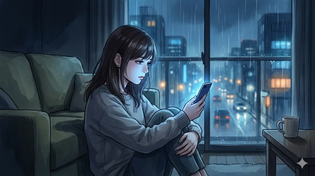 夜の部屋でスマホの青い光を見つめ、ツインレイを待つ女性。孤独と停滞の時期。