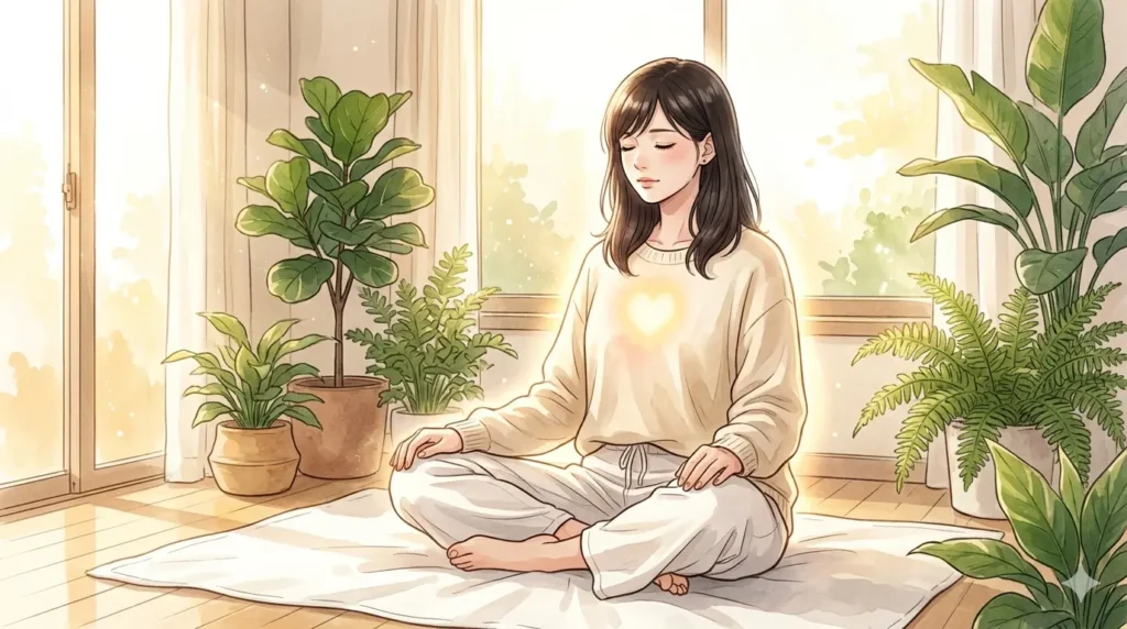 朝の光で瞑想し、胸に温かな光を宿す女性。自己愛によるツインレイ引き寄せの覚醒。