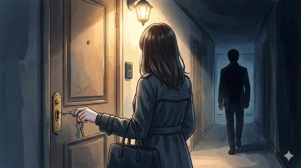 夕暮れの自宅前で、ドアの鍵を開ける女性と、その向こうから静かに歩み寄る男性のシルエット。ツインレイの再会が果たされる瞬間。