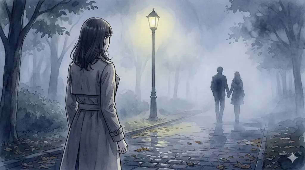 幸せそうに手をつなぎ、夜霧の街へ歩み去る男女と、それを見送るトレンチコート姿の女性の孤独な後ろ姿。「ツインレイは勘違いだった」と気づかされた場面。