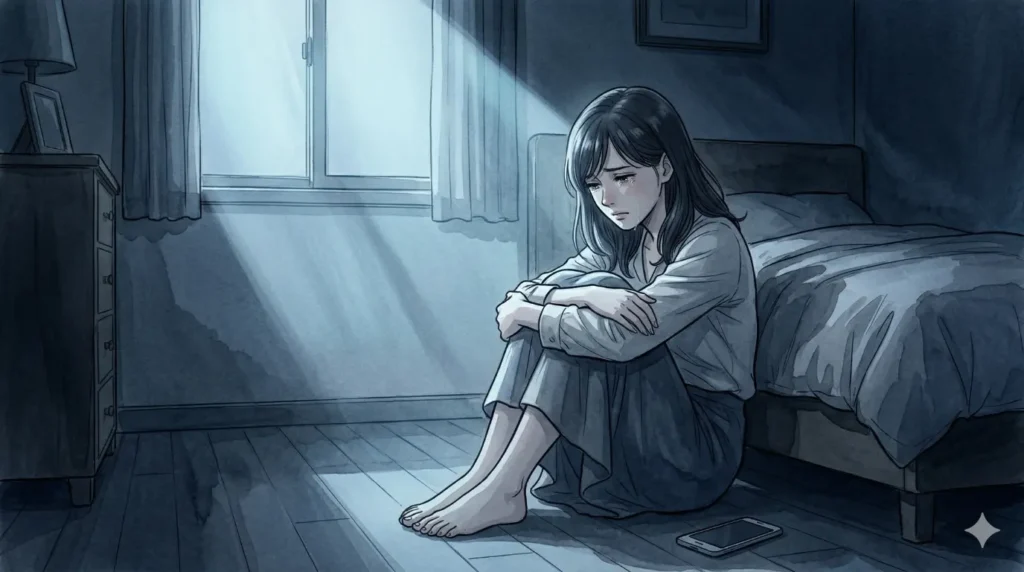 月光が差し込む暗い部屋で、床に座り込み膝を抱えて涙を流す女性。