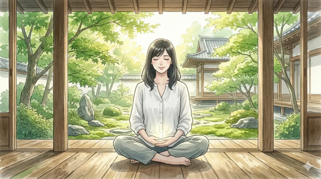 ツインレイへの執着の膿出し（デトックス）。田舎のお寺の縁側で、無条件の愛と彼の幸せを祈り、瞑想する穏やかな表情の女性。