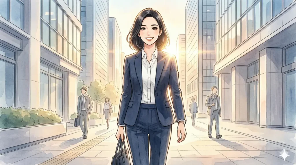 ツインレイという答えを手放し、一人の輝く女性として、朝日の街へ自信を持って踏み出すスーツ姿の女性の笑顔。