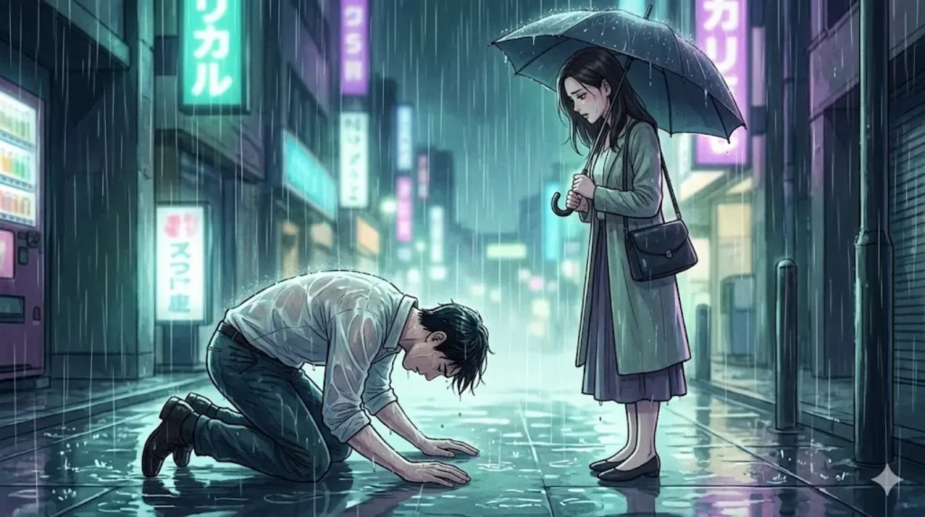 土砂降りの雨の中、路上で男性が必死に土下座をして謝罪している。過去から繰り返される見え透いた行動と分かっていながらも、女性は彼を見下ろしたまま、なかなかその場を立ち去れない。