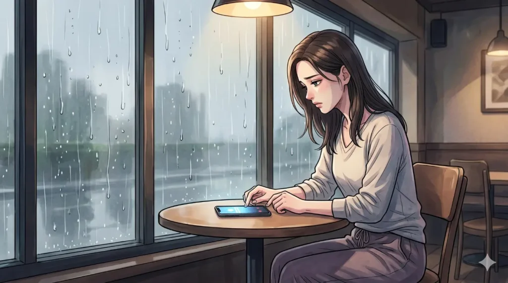 雨の日の静かなカフェで、一人テーブルに座りスマホを見つめる女性。彼から届いたメッセージを前に、連絡を返すべきか迷い続ける場面。