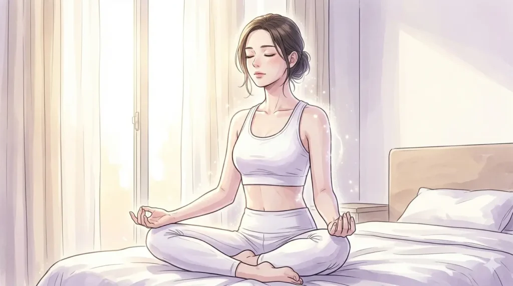 夜明けの柔らかな光が差し込む自室のベッドで、白いウェアを着て瞑想をする女性。心の中のネガティブな感情を洗い流し、自分自身を癒やしている穏やかで清らかな瞬間。