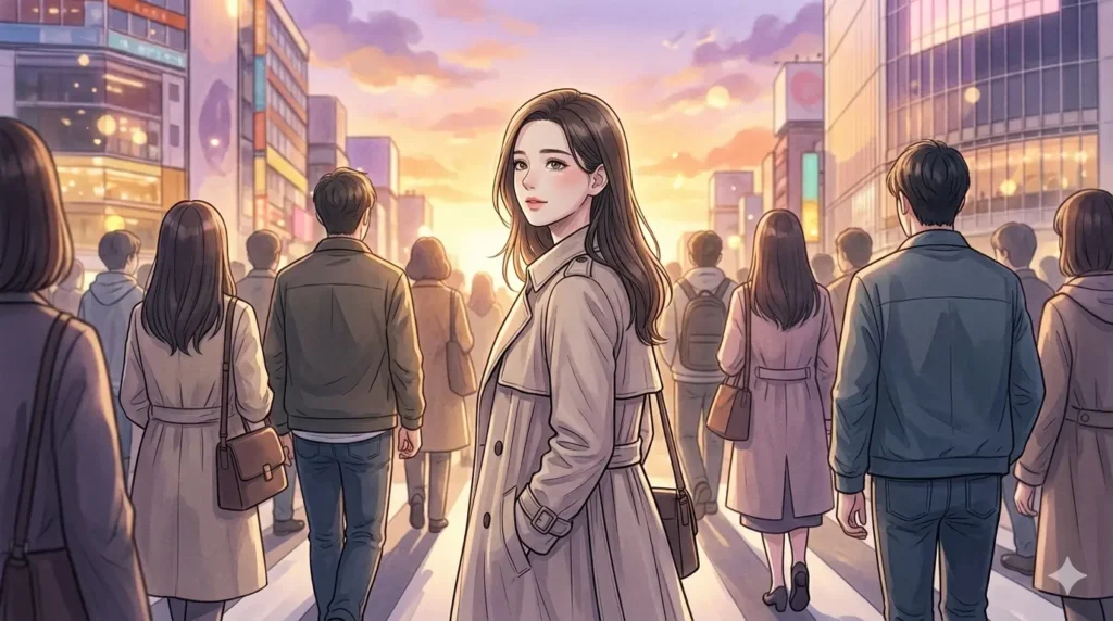 夕暮れ時の街角で、多くの人が行き交う中、女性がふと立ち止まって振り返る場面。特定の誰かではなく、空の彼方に大切な絆を感じ取ったような、達観した優しい微笑みを浮かべている。