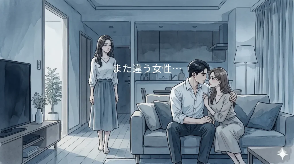 夫の浮気現場を静かに見つめる女性。諦めと虚無感が漂う薄暗いリビングで、カルマの過酷な学びと執着の苦しみを表現したシーン。