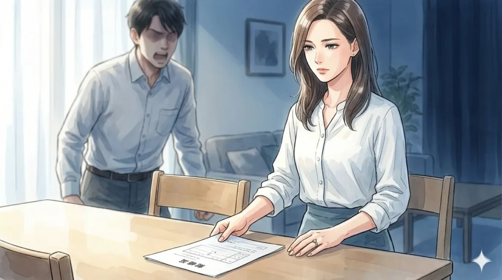 凛とした表情でテーブルに離婚届を置く女性。背後で激高する夫に惑わされず、魂の卒業と精神的な自立を決意した決定的な瞬間。