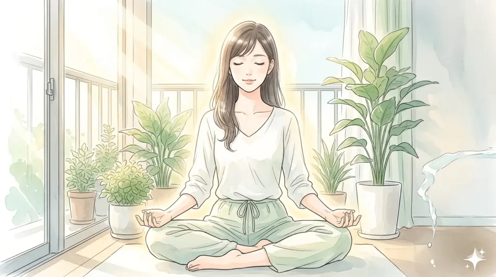 朝の柔らかな光の中で、静かに目を閉じて瞑想する女性。自分軸を取り戻し、自分自身への絶対的な信頼と自己愛に満たされた解放の姿。