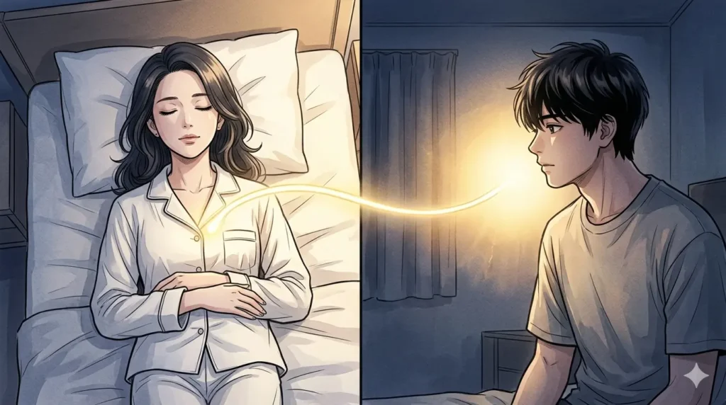 離れた場所にいながらも、夜の寝室のベッドで眠る40代女性の胸(ハートチャクラ)から伸びる黄金の光のコードが、シータ波のまどろみを通じて遠く離れた若いツインレイ男性の魂と繋がる精神的テレパシーの光景。