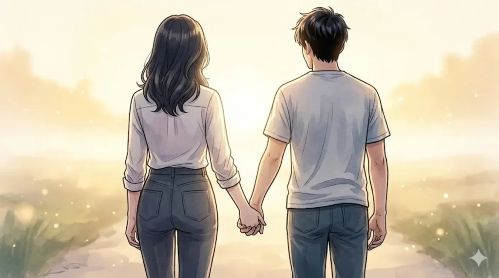 年齢という三次元の制限や幻影を超え、朝霧が包む光の境界線の向こうへと、お揃いのジーンズ姿で手を繋いで未来へ歩んでいく年の差ツインレイの後ろ姿。
