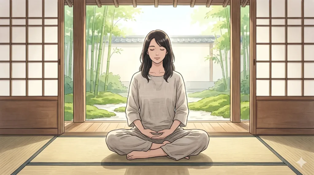 静かな禅寺の畳の上で、目を閉じて深く心を落ち着かせ、自然な姿勢で坐禅をする女性。