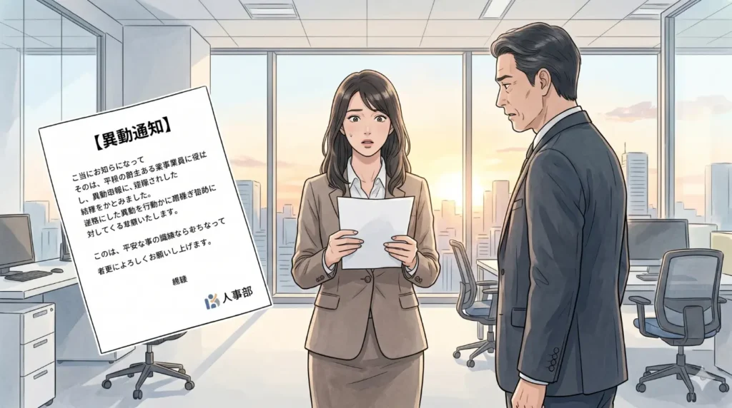夕暮れ時のオフィスで、上司から「異動通知」と書かれた書面を受け取り、驚きと動揺の表情を浮かべるスーツ姿の女性。